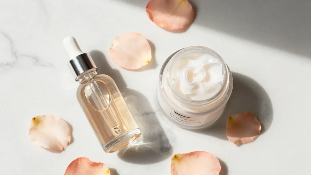 Produtos de skincare utilizados em tratamentos estéticos e alternativas sem bisturi para rejuvenescimento e cuidados com a pele.