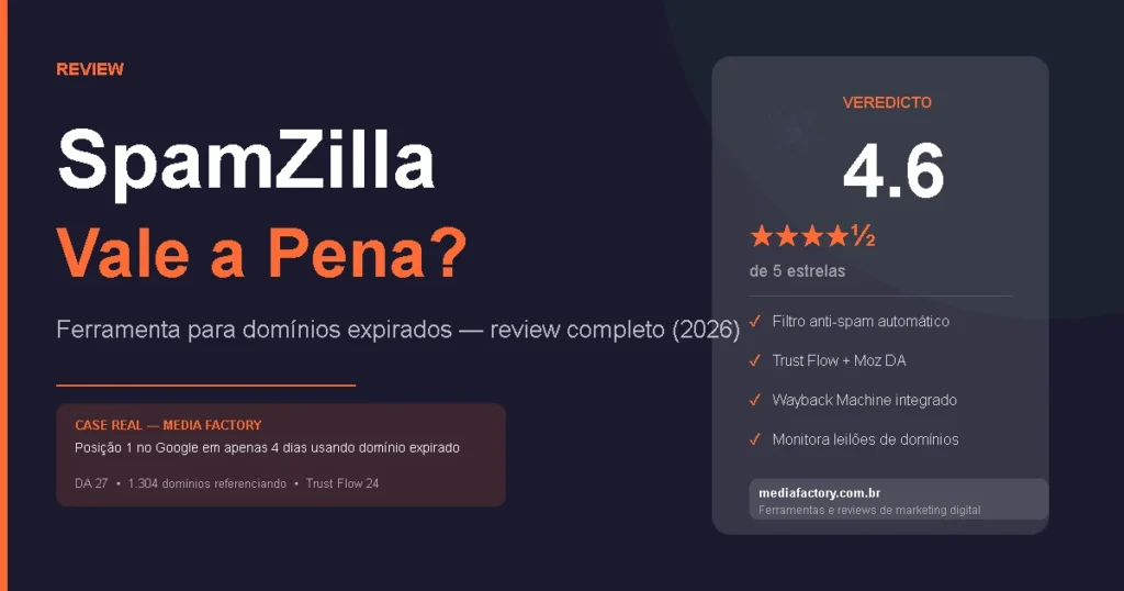 Interface de review do SpamZilla destacando nota 4,6 de 5 estrelas, Trust Flow, Moz DA, Wayback Machine e monitoramento de domínios expirados.